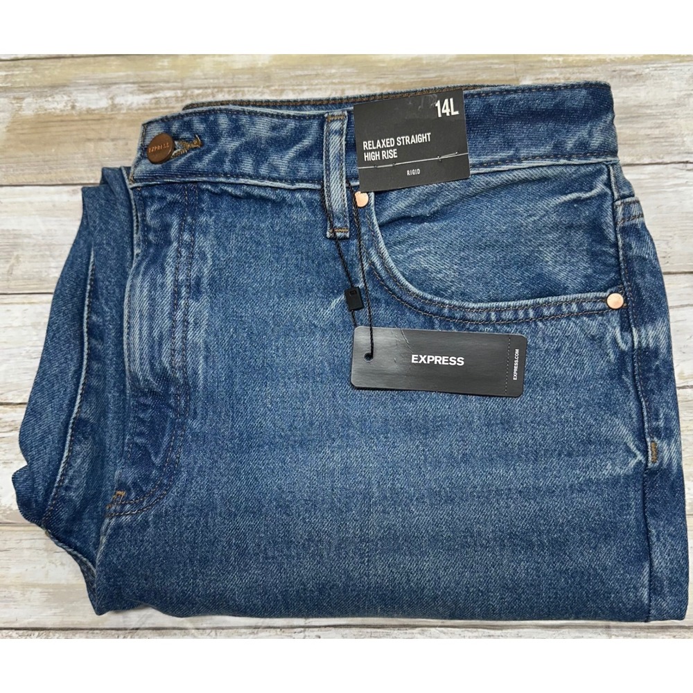 Express Womens 14L Relaxed Straight High Rise Rigid Jeans Medium Wash Distressed